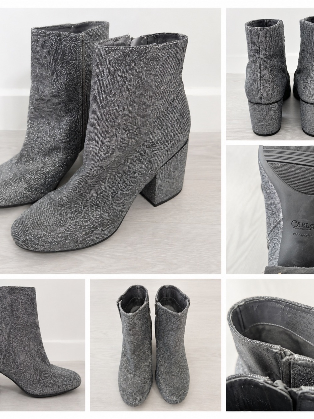 Carlos by Carlos Santana Silver Metallic Glitter Ankle Boots Size 8